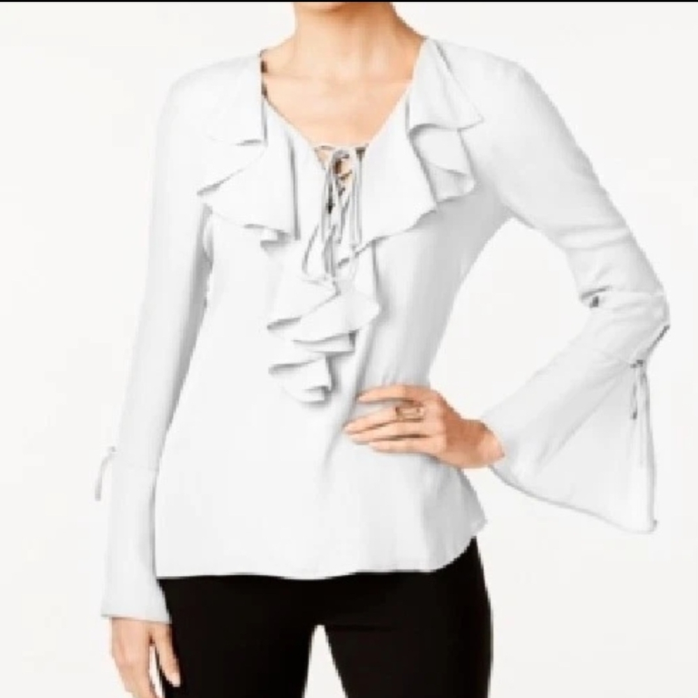 ECI White Ruffle Lace-Up Blouse